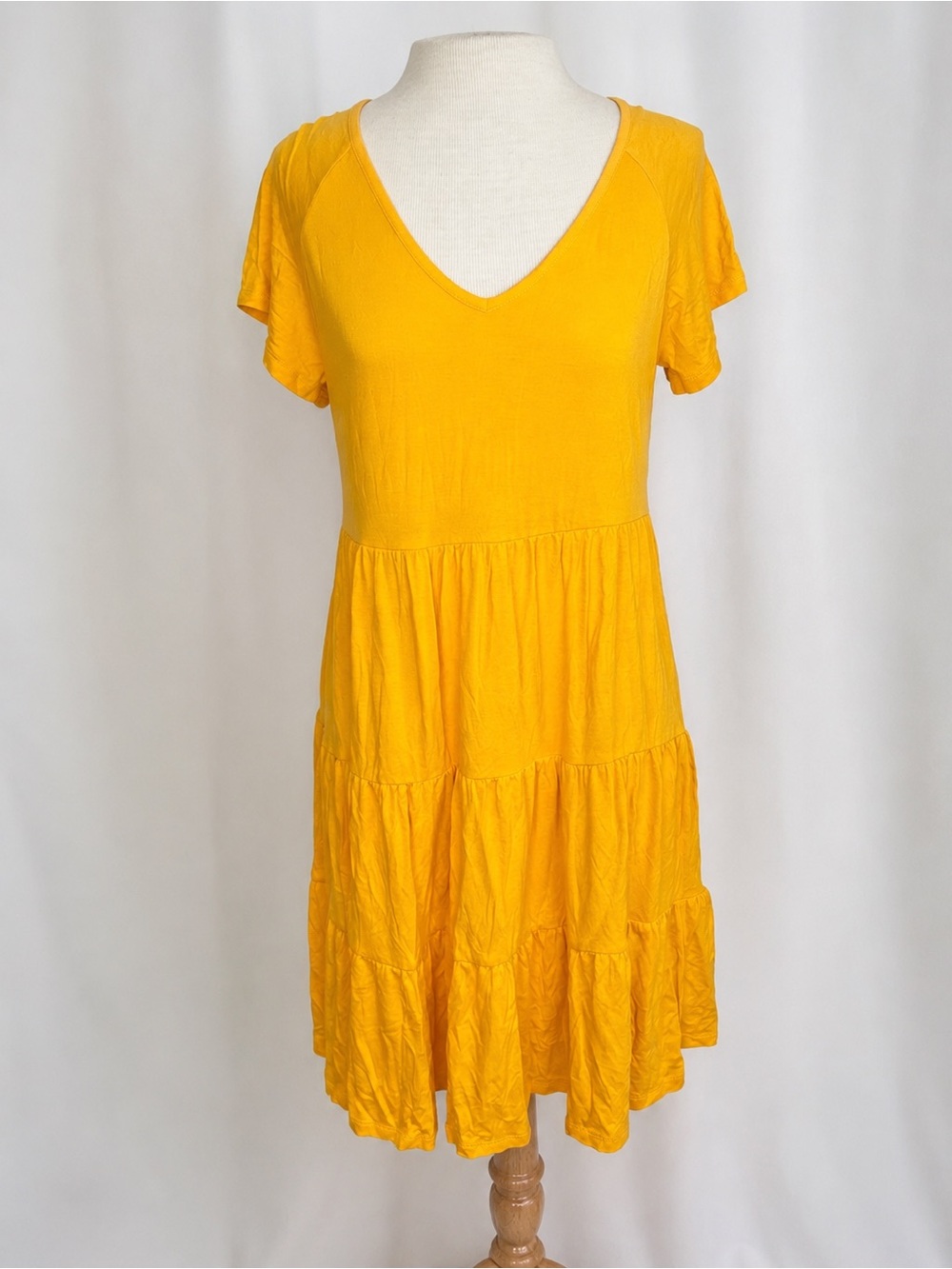Cato Mustard Yellow Tiered Mini Dress Women’s Size S V-Neck Short Sleeve Casual